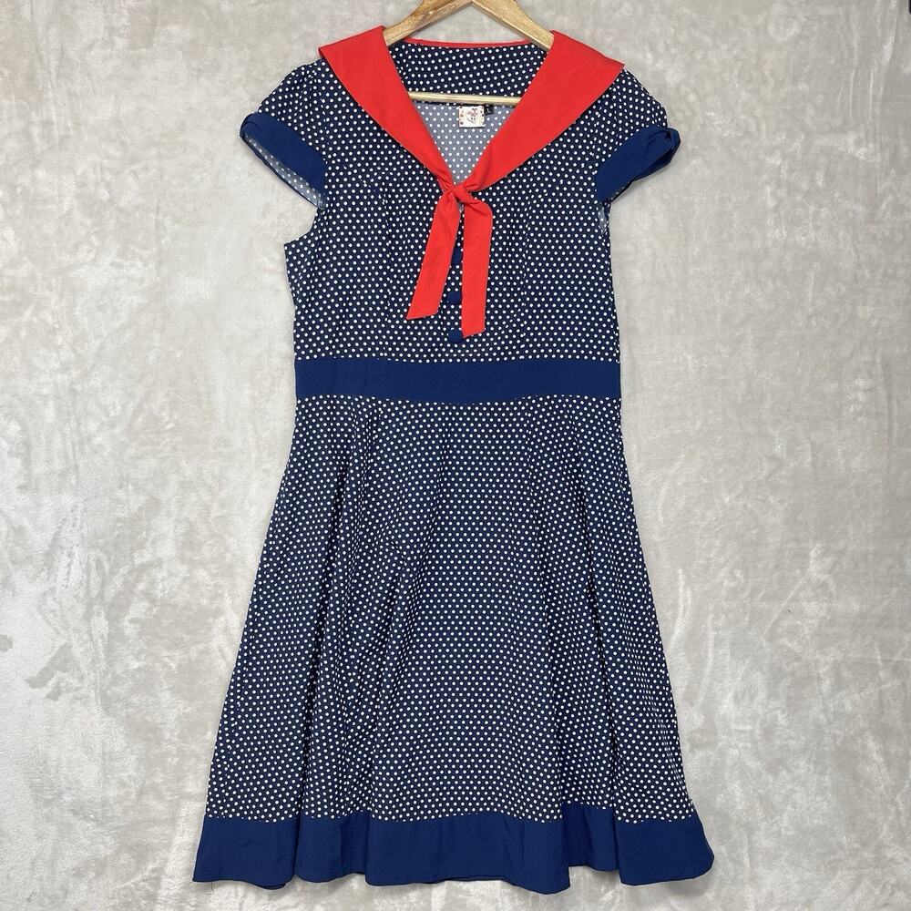 Dancing Days Sailor Pola Dot Retro Swing Dress Size Large Rockabilly Pin Up
